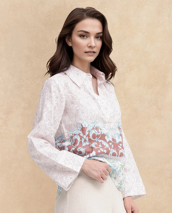 Rareism Women Fofianie Light Brown Bell Sleeves Collared Collar Abstract Print Top