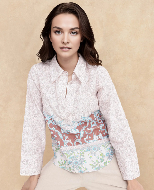 Rareism Women Fofianie Light Brown Bell Sleeves Collared Collar Abstract Print Top