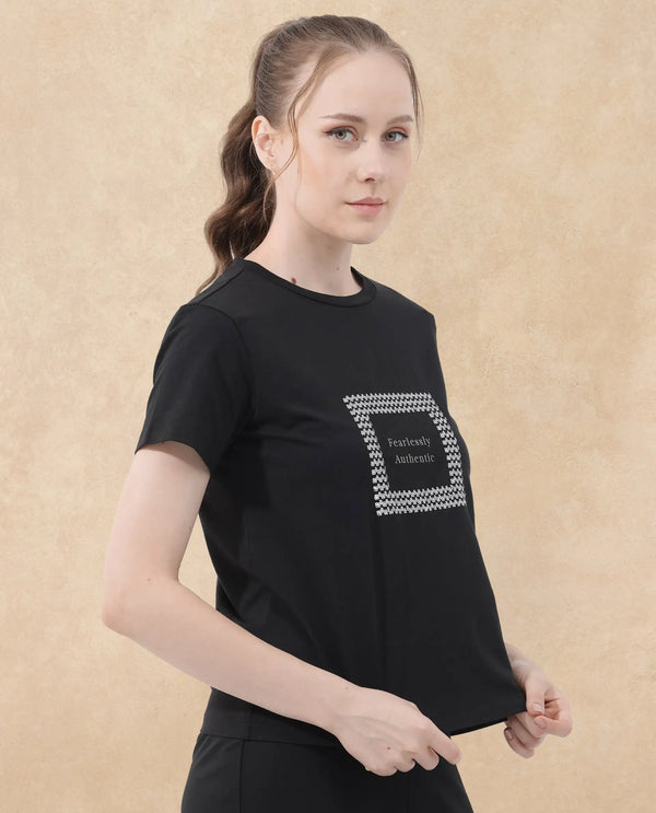 Rareism Women Frunta Black Cotton Elastane Fabric Crew Neck Knit Solid T-Shirt