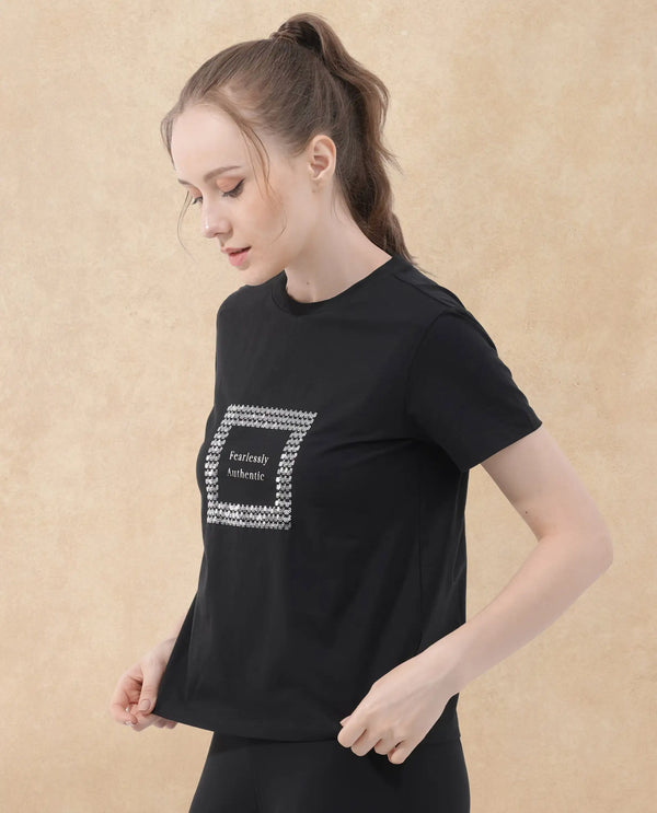 Rareism Women Frunta Black Cotton Elastane Fabric Crew Neck Knit Solid T-Shirt