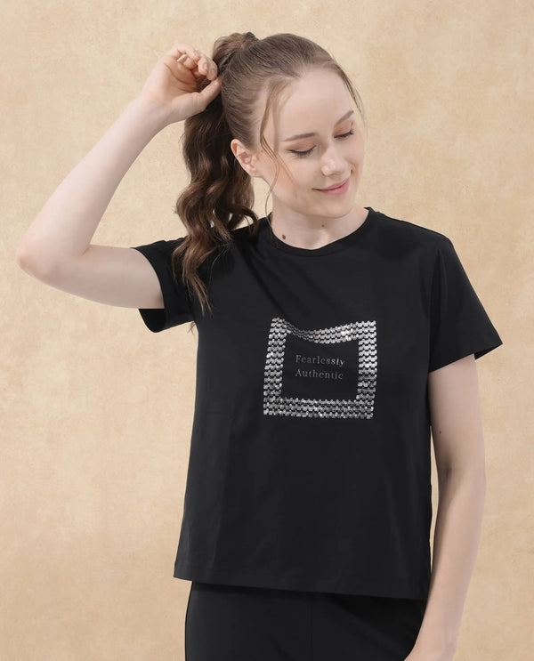 Rareism Women Frunta Black Cotton Elastane Fabric Crew Neck Knit Solid T-Shirt