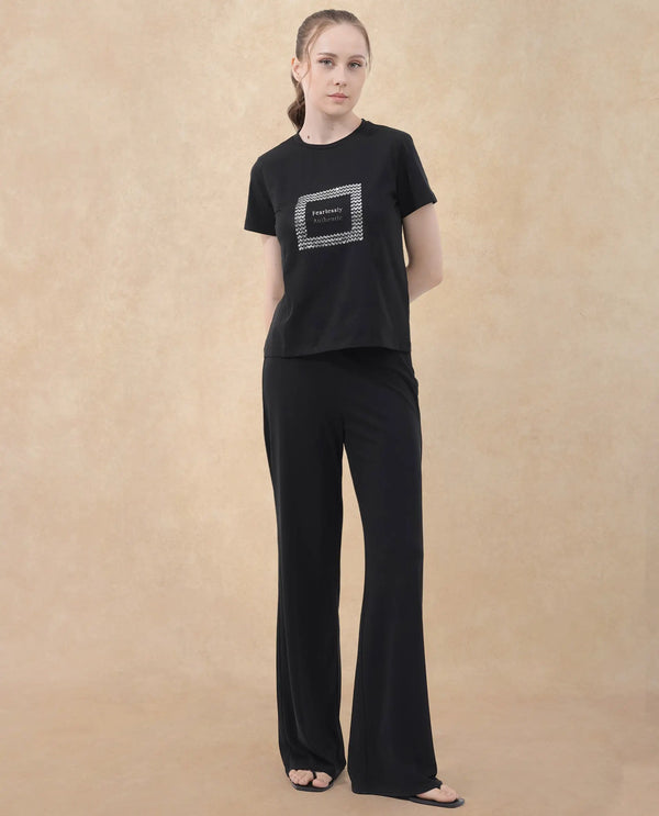 Rareism Women Frunta Black Cotton Elastane Fabric Crew Neck Knit Solid T-Shirt