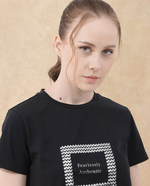 Rareism Women Frunta Black Cotton Elastane Fabric Crew Neck Knit Solid T-Shirt