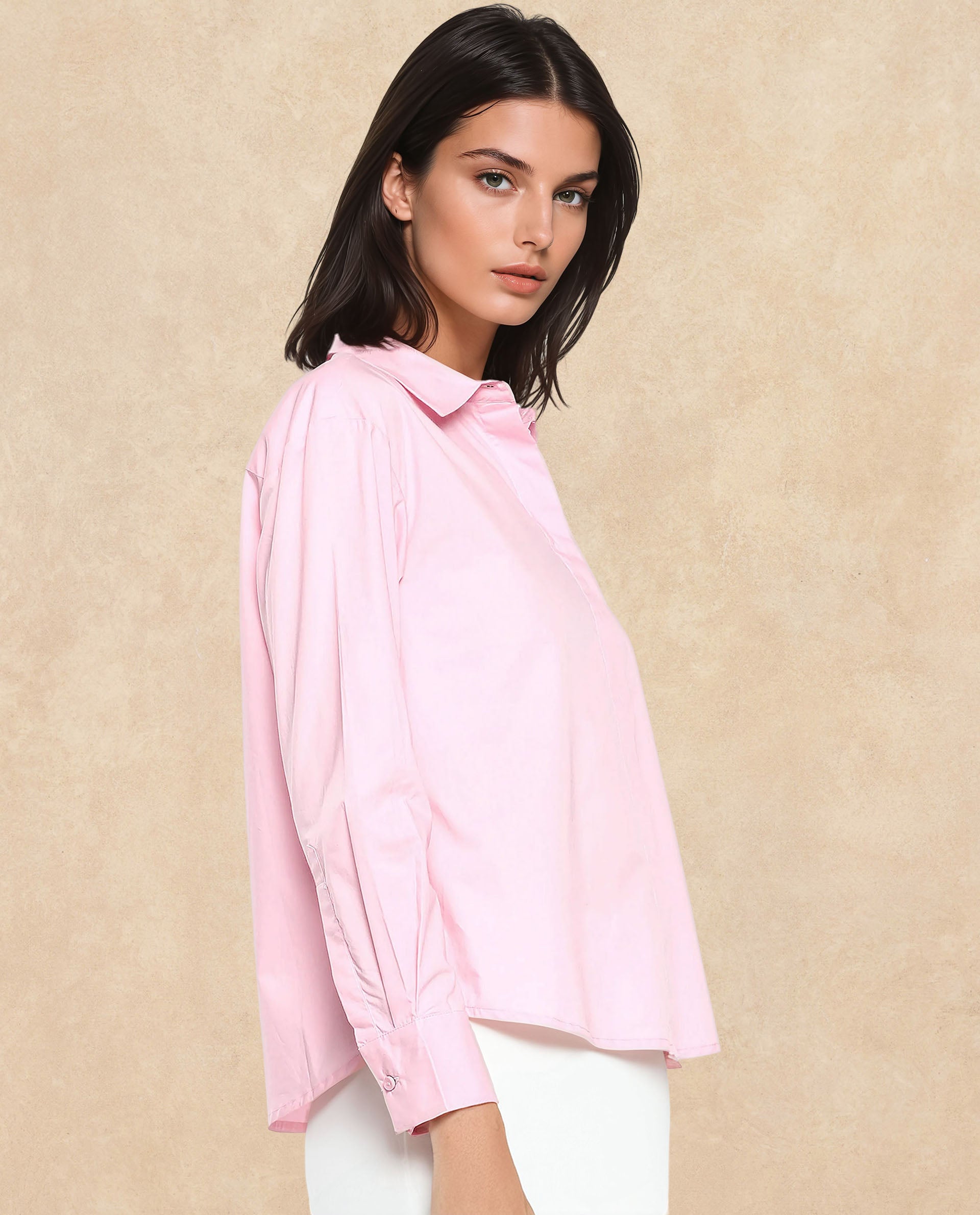Rareism Women Fuhu Pink 60'S Poplin Fabric Cuffed Sleeve Collared Neck Button Closure Plain Shirt