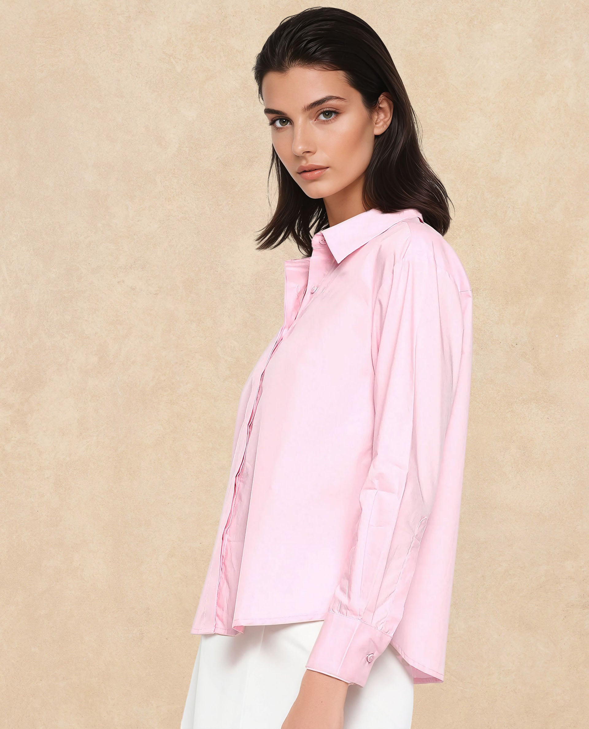 Rareism Women Fuhu Pink 60'S Poplin Fabric Cuffed Sleeve Collared Neck Button Closure Plain Shirt
