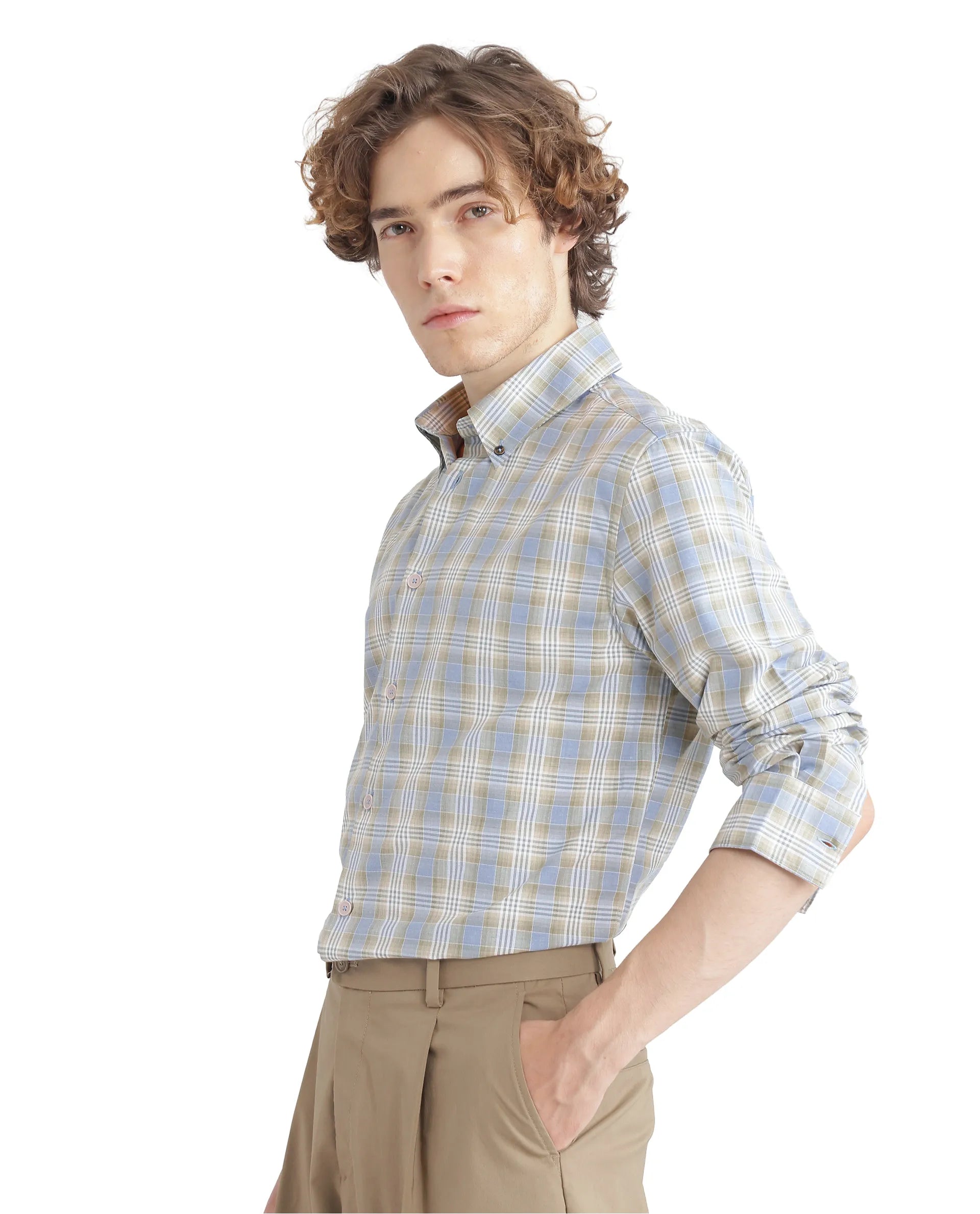 Rare Rabbit Men's Geko Pastel Green Cotton Fabric Full Sleeve Button Down Collar Button Closure Checked Shirt