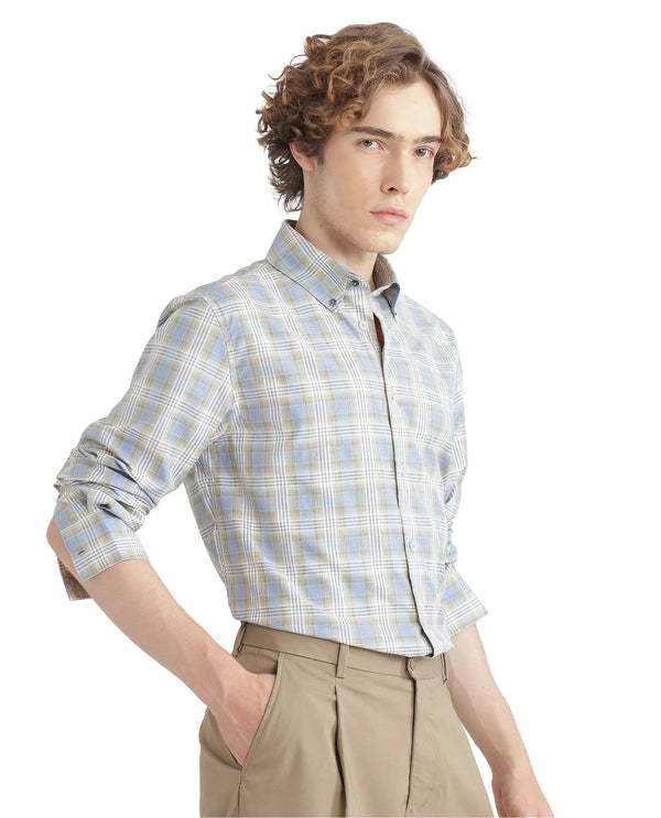 Rare Rabbit Men's Geko Pastel Green Cotton Fabric Full Sleeve Button Down Collar Button Closure Checked Shirt