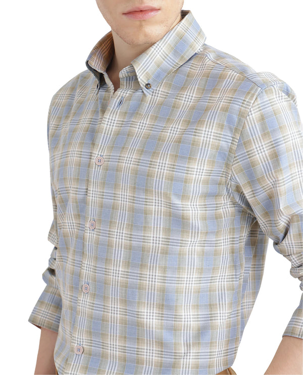 Rare Rabbit Men's Geko Pastel Green Cotton Fabric Full Sleeve Button Down Collar Button Closure Checked Shirt