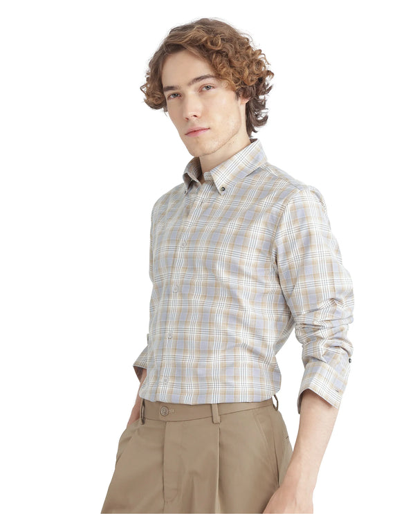 Rare Rabbit Men's Geko Pastel Mustard Cotton Fabric Full Sleeve Button Down Collar Button Closure Checked Shirt