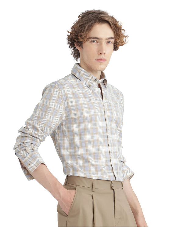 Rare Rabbit Men's Geko Pastel Mustard Cotton Fabric Full Sleeve Button Down Collar Button Closure Checked Shirt