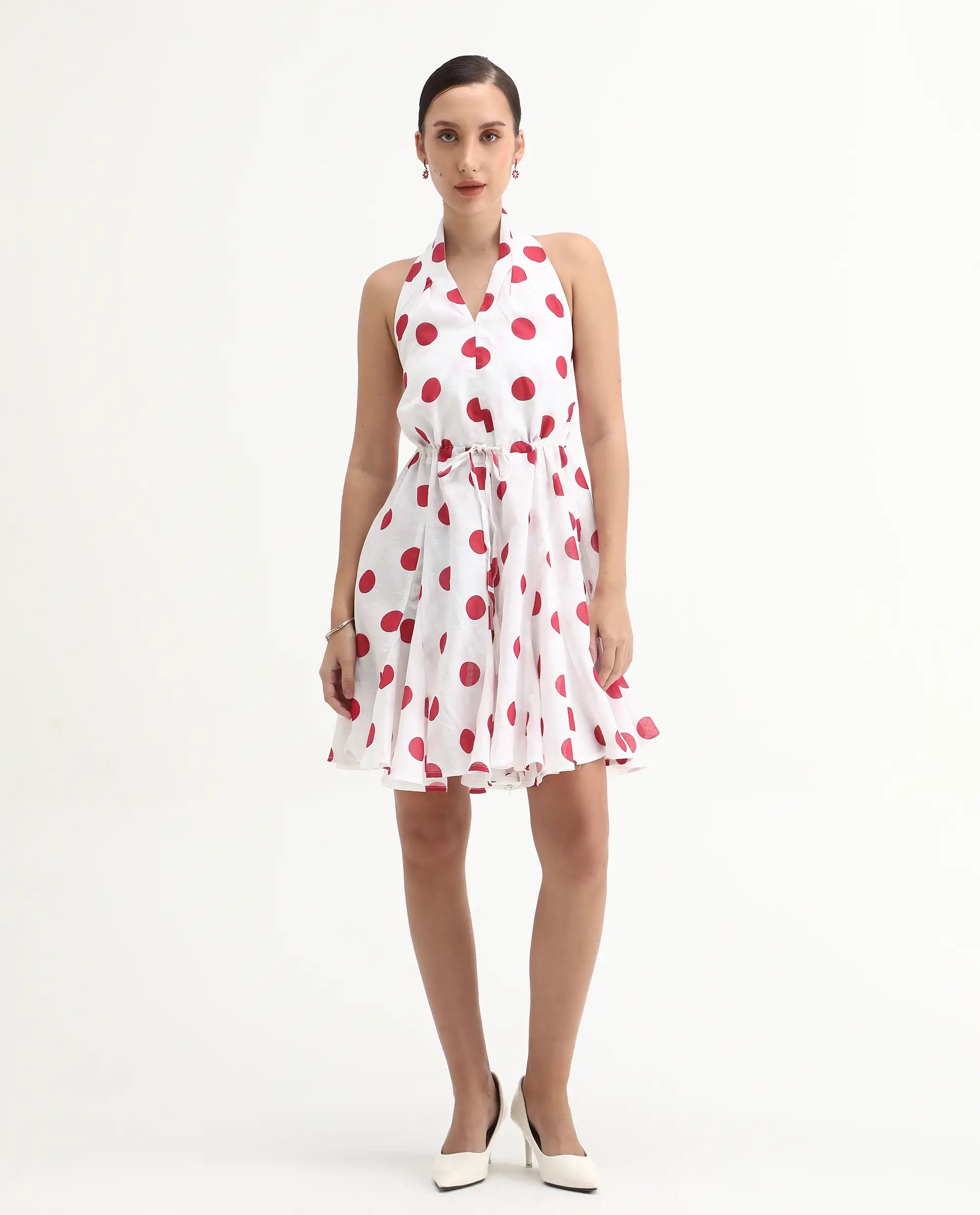 Rareism Women Gela Red Sleeveless Halter Neck Fit And Flare Mini Polka Print Dress