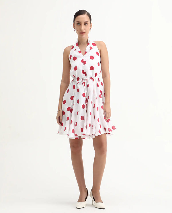 Rareism Women Gela Red Sleeveless Halter Neck Fit And Flare Mini Polka Print Dress