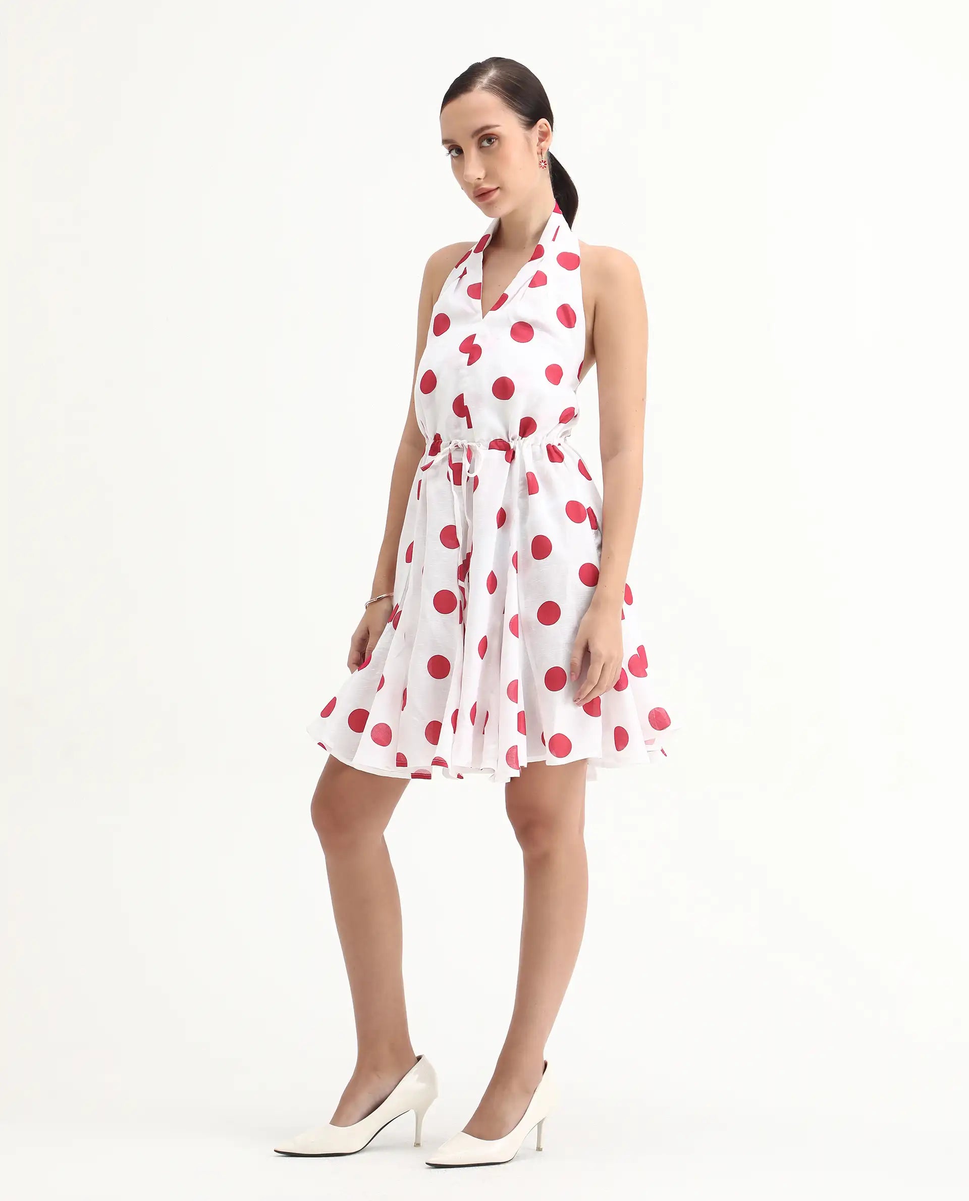Rareism Women Gela Red Sleeveless Halter Neck Fit And Flare Mini Polka Print Dress