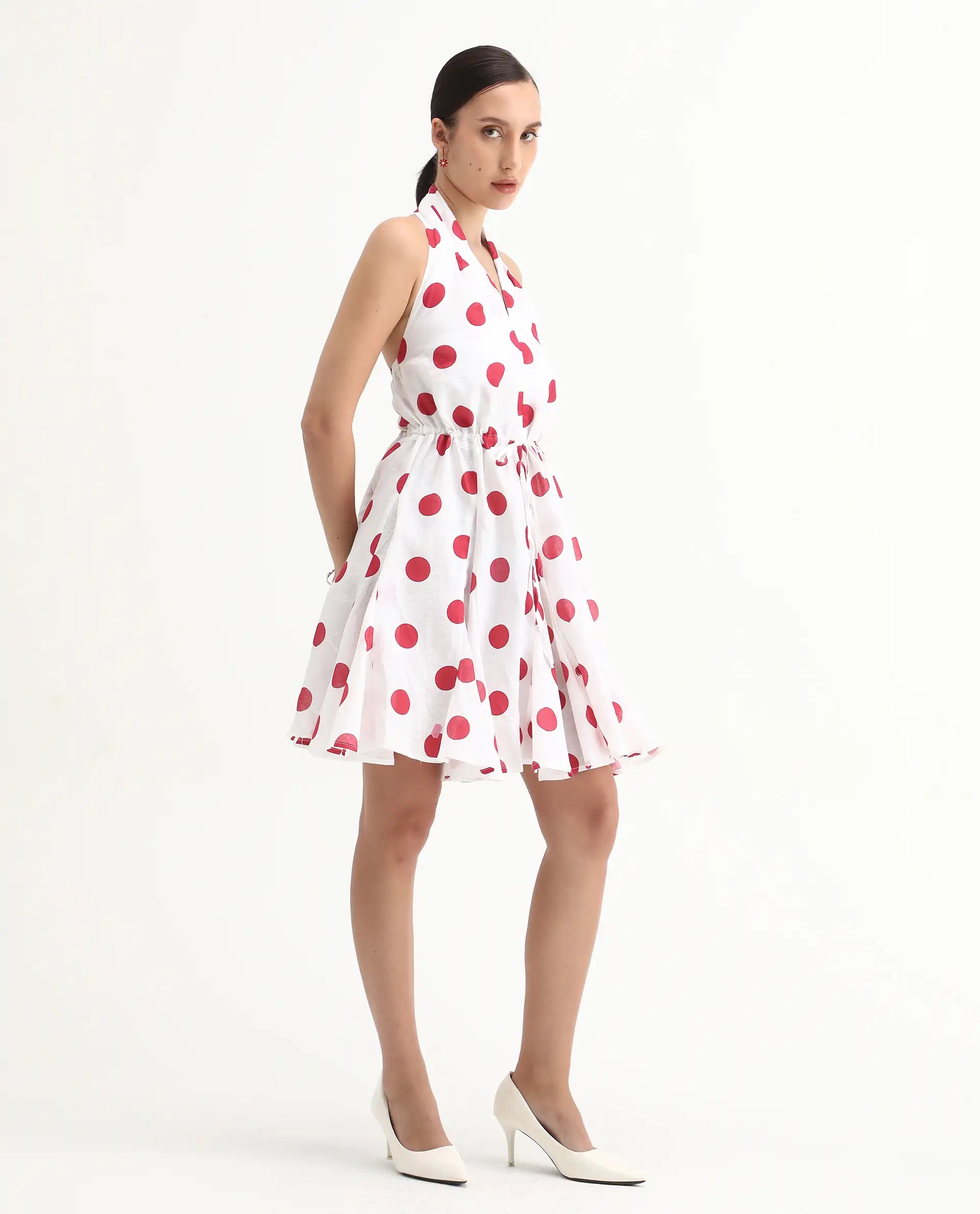 Rareism Women Gela Red Sleeveless Halter Neck Fit And Flare Mini Polka Print Dress