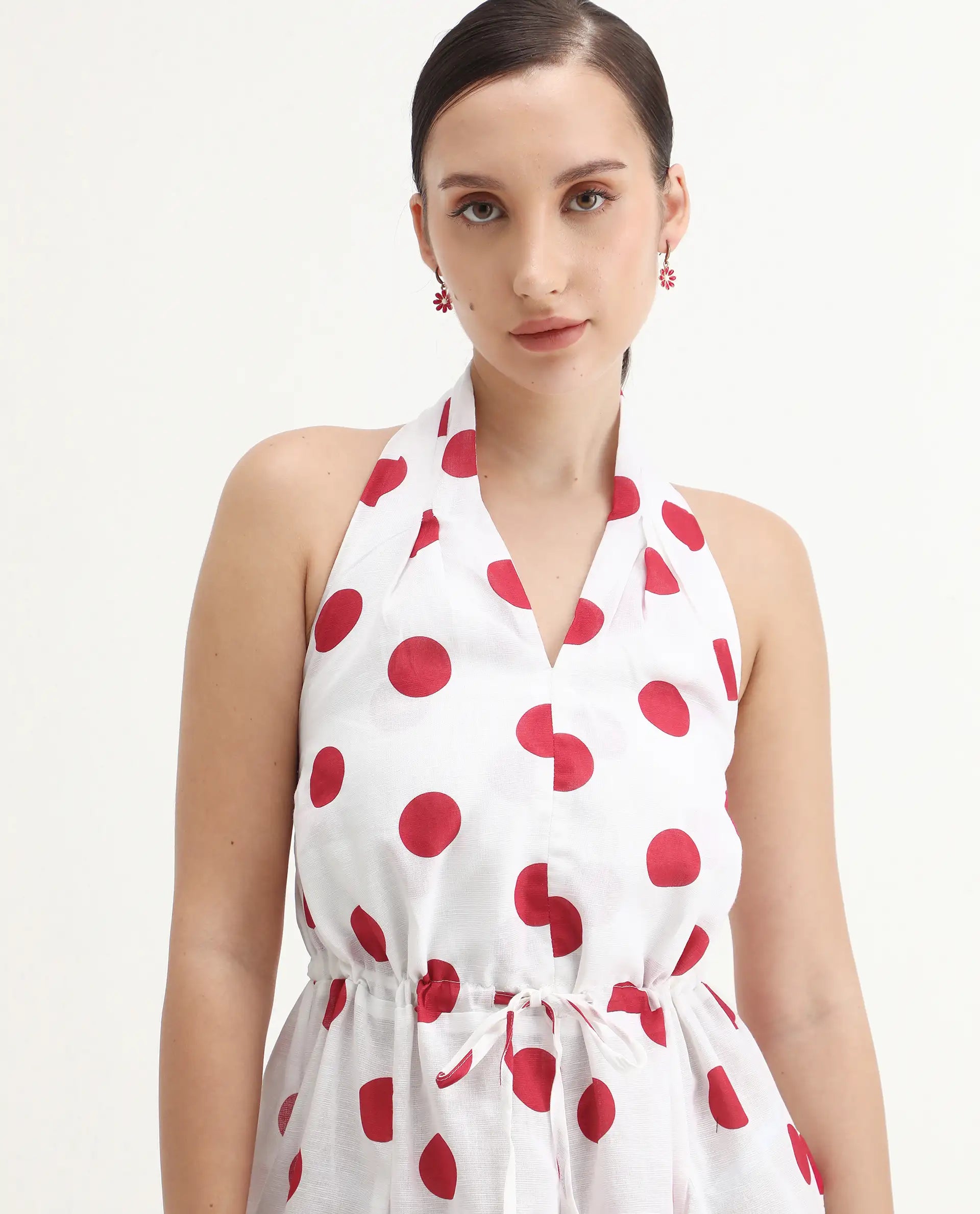 Rareism Women Gela Red Sleeveless Halter Neck Fit And Flare Mini Polka Print Dress
