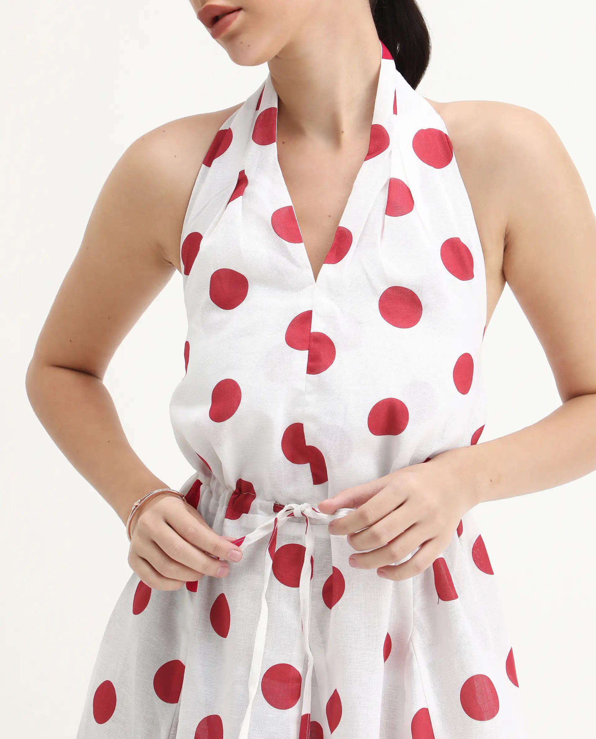 Rareism Women Gela Red Sleeveless Halter Neck Fit And Flare Mini Polka Print Dress