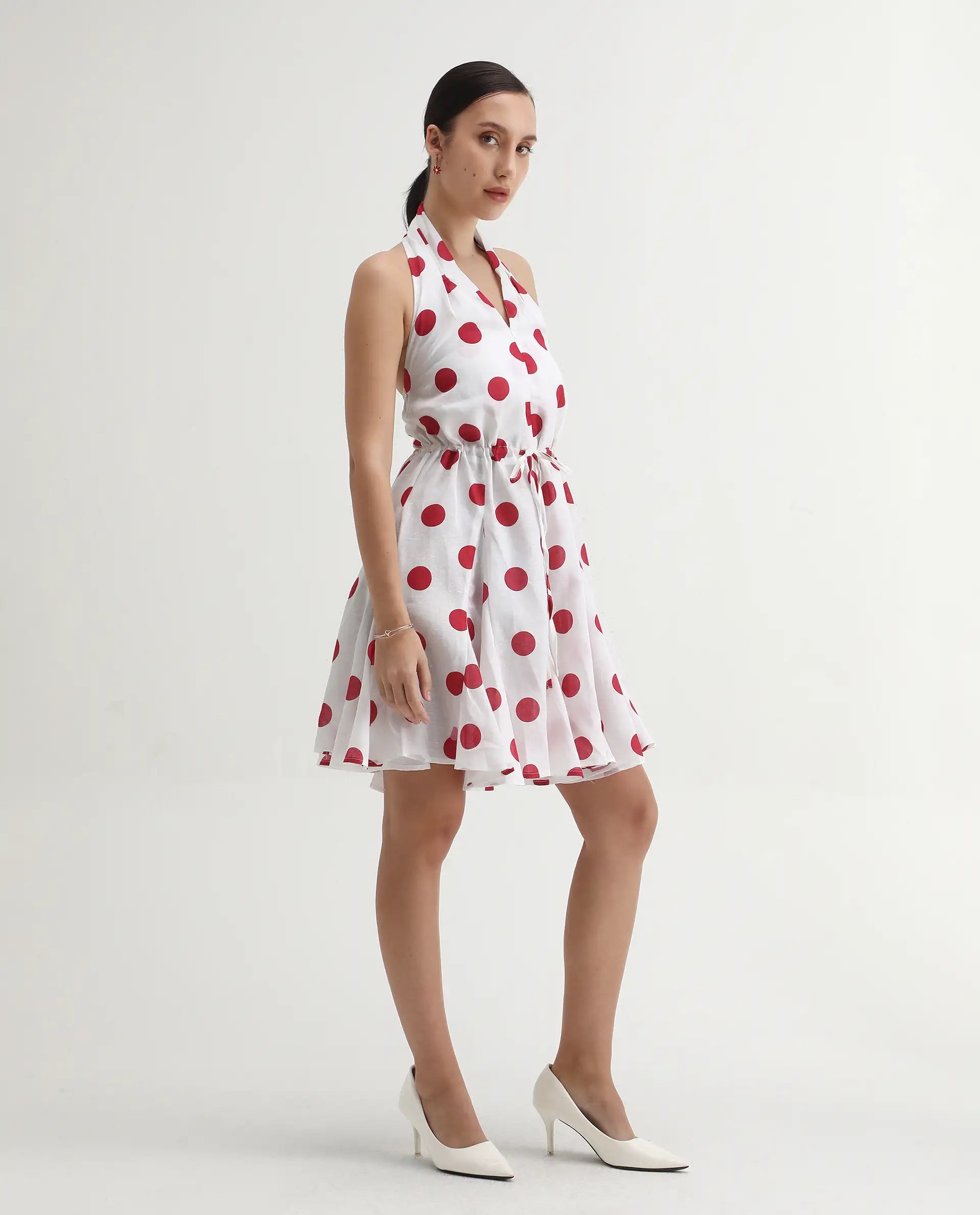 Rareism Women Gela Red Sleeveless Halter Neck Fit And Flare Mini Polka Print Dress