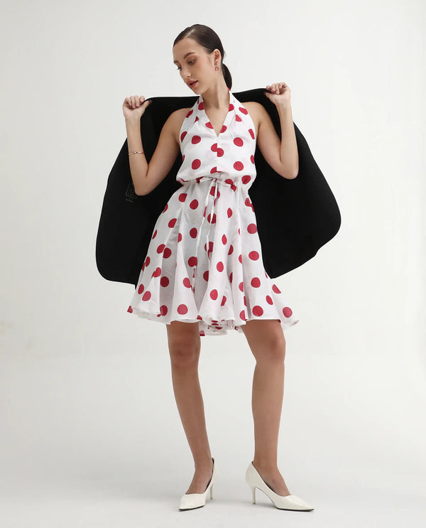 Rareism Women Gela Red Sleeveless Halter Neck Fit And Flare Mini Polka Print Dress