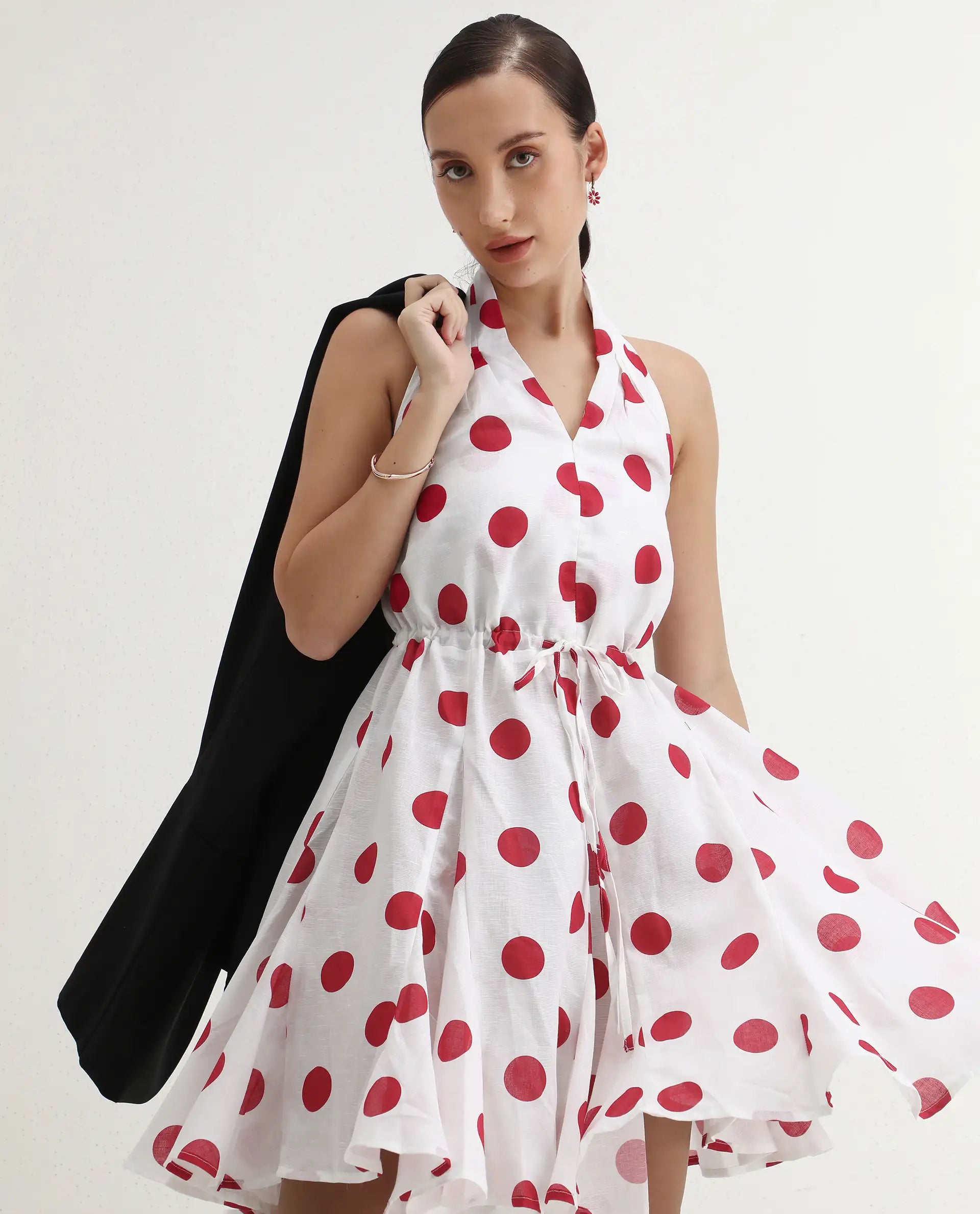 Rareism Women Gela Red Sleeveless Halter Neck Fit And Flare Mini Polka Print Dress