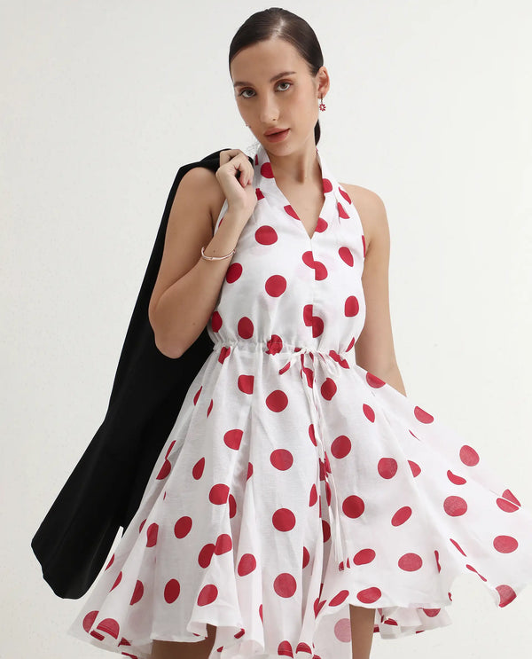 Rareism Women Gela Red Sleeveless Halter Neck Fit And Flare Mini Polka Print Dress