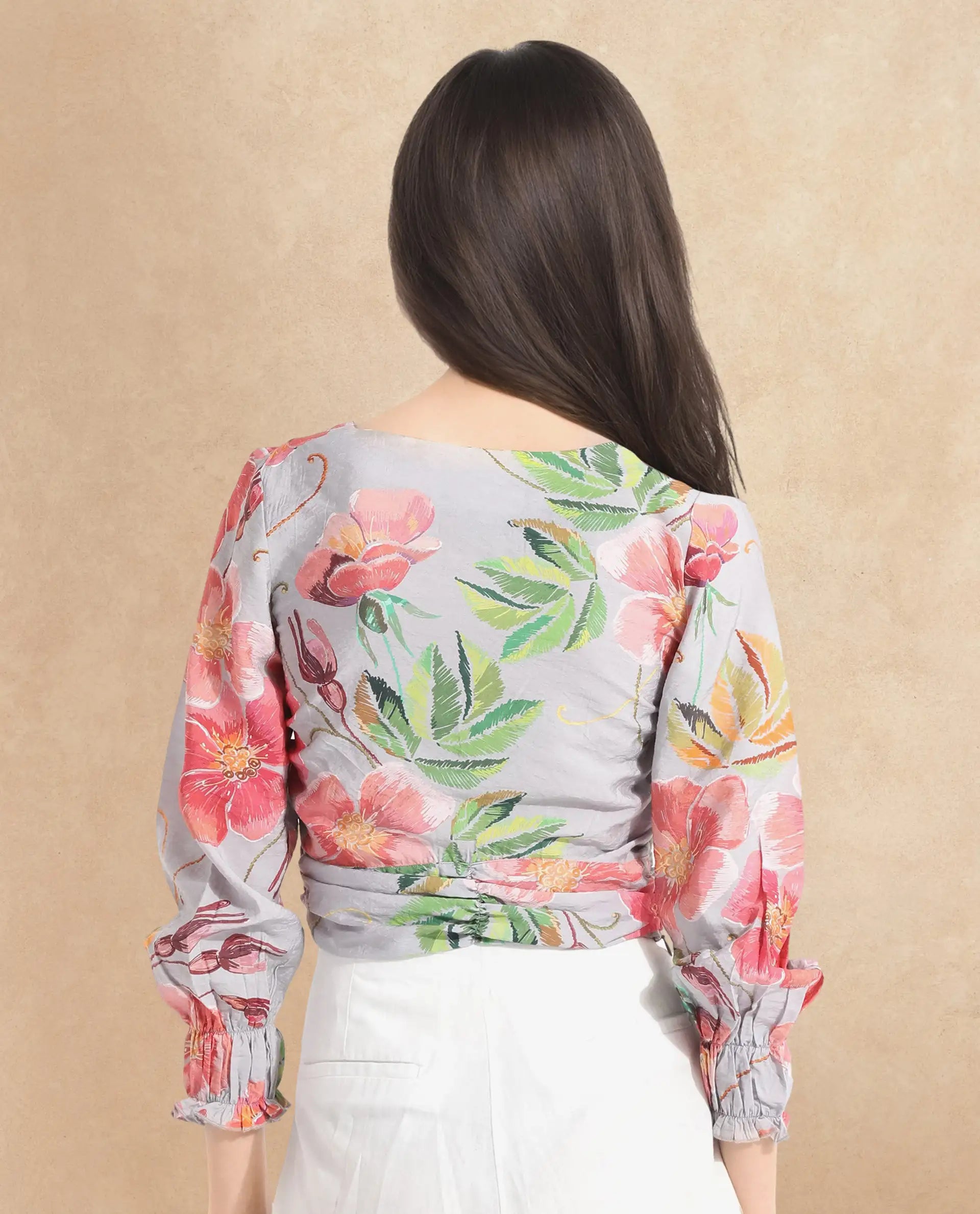 Rareism Women Geona Multi Full Sleeve Crew Neck Zipper Closure Floral Print Cropped Top