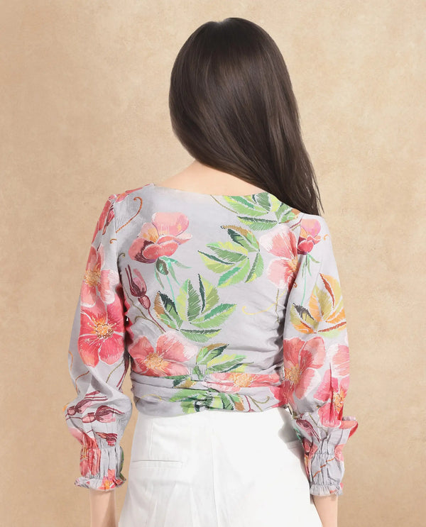 Rareism Women Geona Multi Full Sleeve Crew Neck Zipper Closure Floral Print Cropped Top