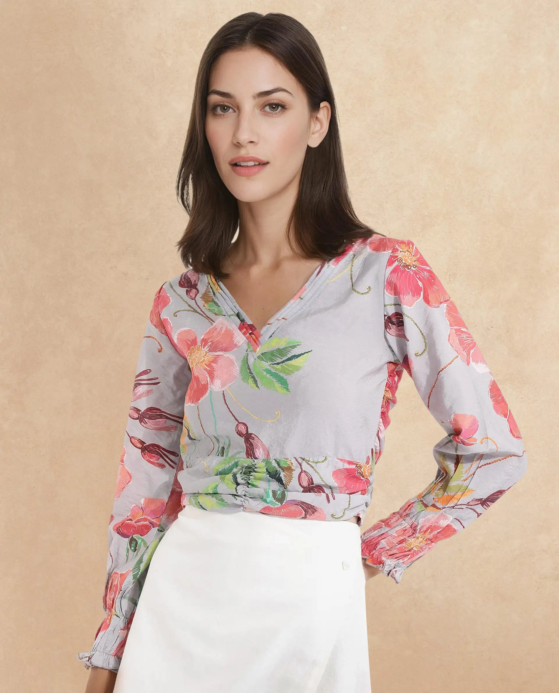 Rareism Women Geona Multi Full Sleeve Crew Neck Zipper Closure Floral Print Cropped Top