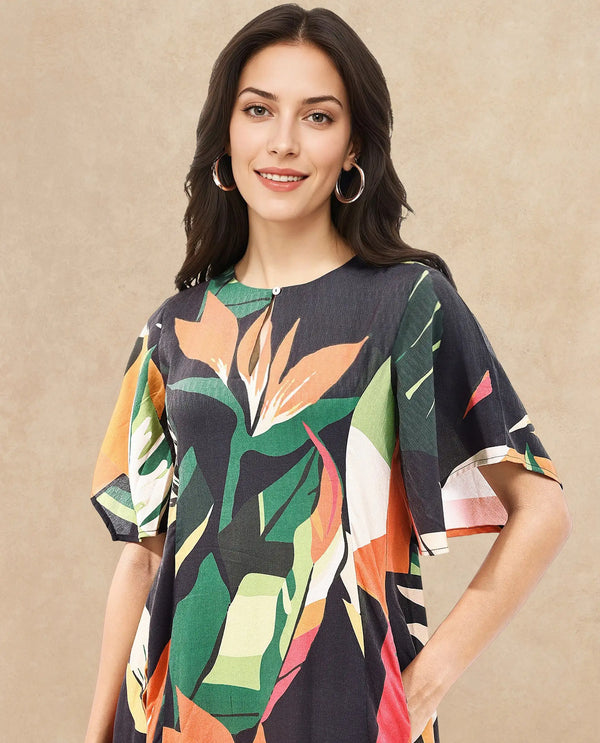 Rareism Women Gesto Multi 3/4Th Sleeve V-Neck Balloon Fit Abstract Print Midi Dress