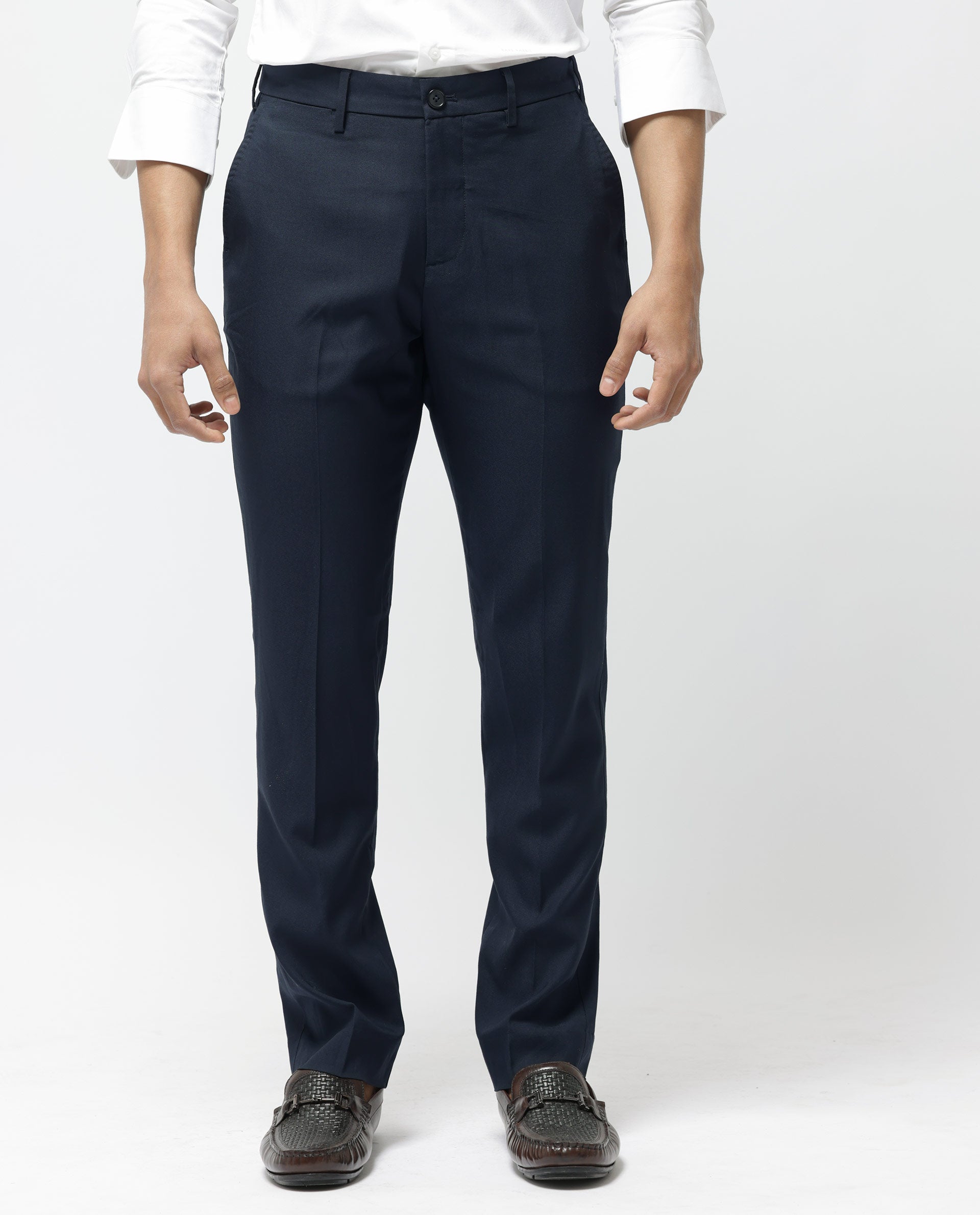 Rare Rabbit Men's Glade-1 Navy Solid Mid-Rise Regular Fit Trousers