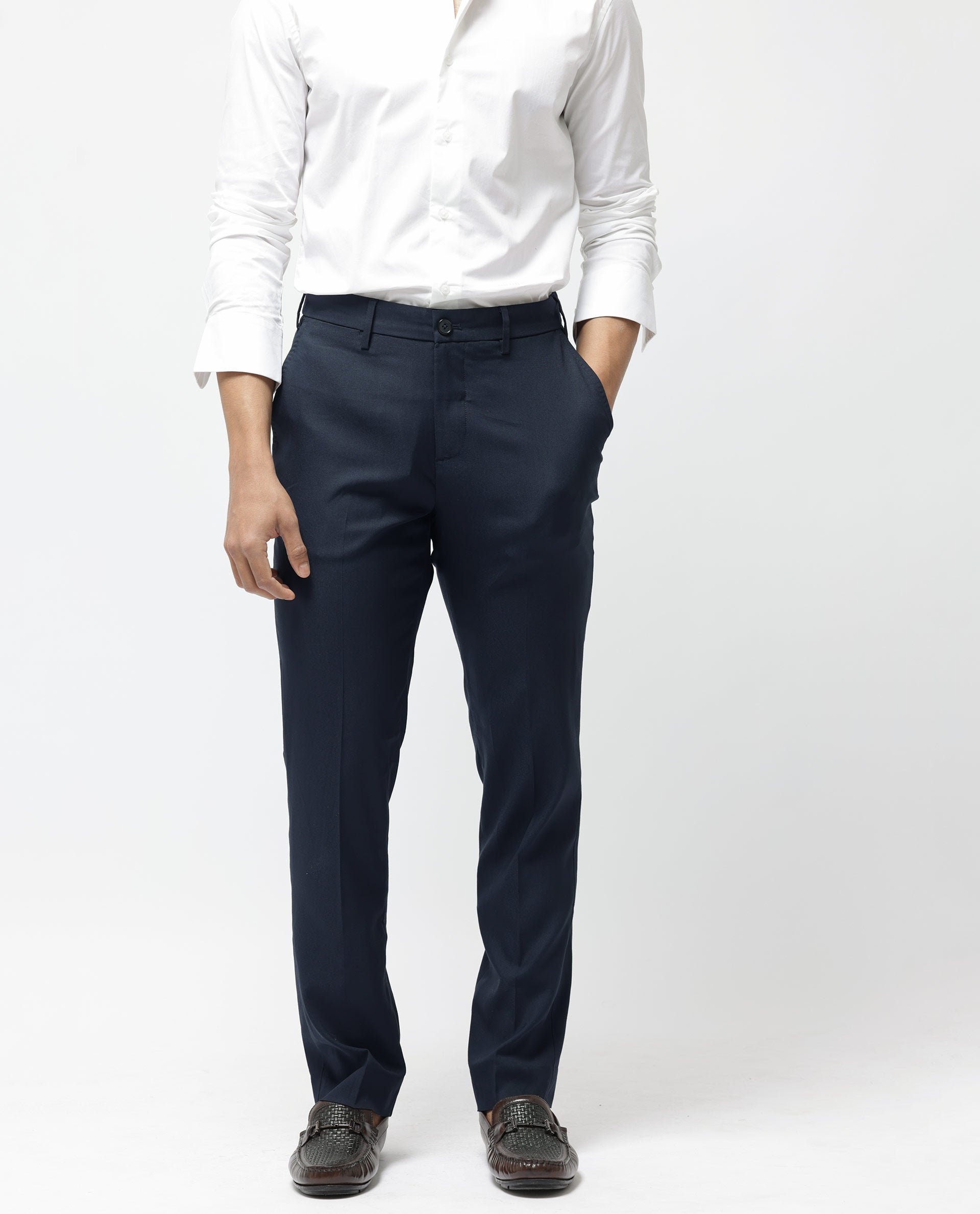 Rare Rabbit Men's Glade-1 Navy Solid Mid-Rise Regular Fit Trousers