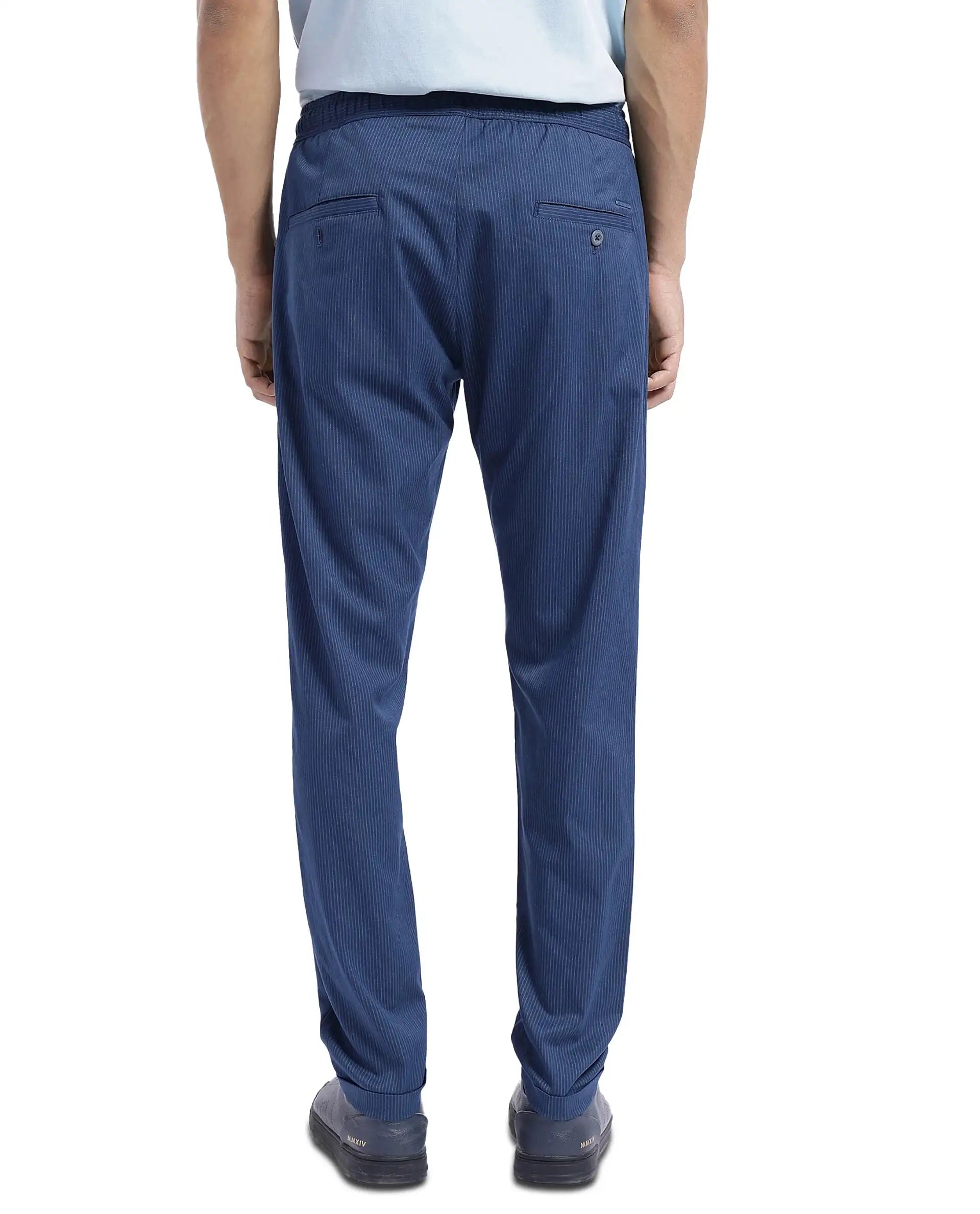 Rare Rabbit Men Glew Dark Teal Button Closure Drawstring Closure Regular Fit Micro Stripe Trouser