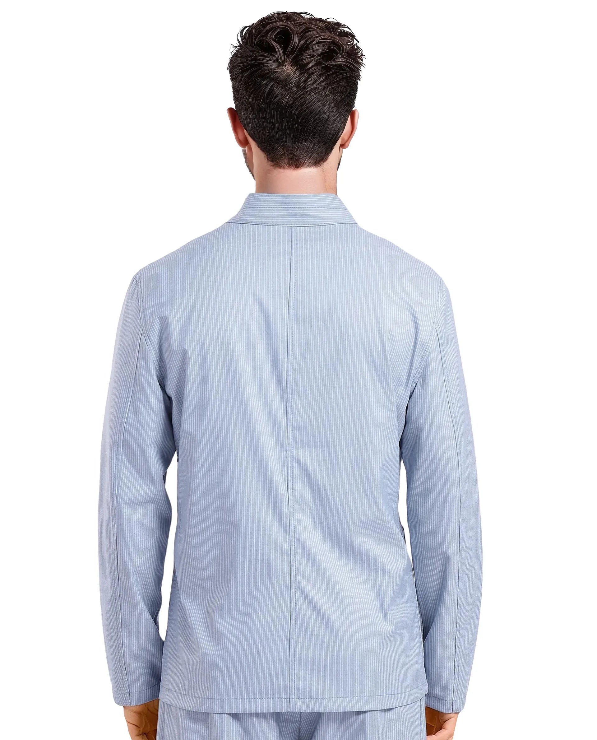 Rare Rabbit Men Glewt Pastel Blue Polyester Viscose Fabric Full Sleeve Mandarin Collar Striped Jacket