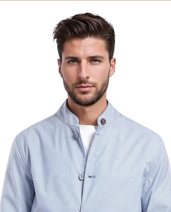 Rare Rabbit Men Glewt Pastel Blue Polyester Viscose Fabric Full Sleeve Mandarin Collar Striped Jacket