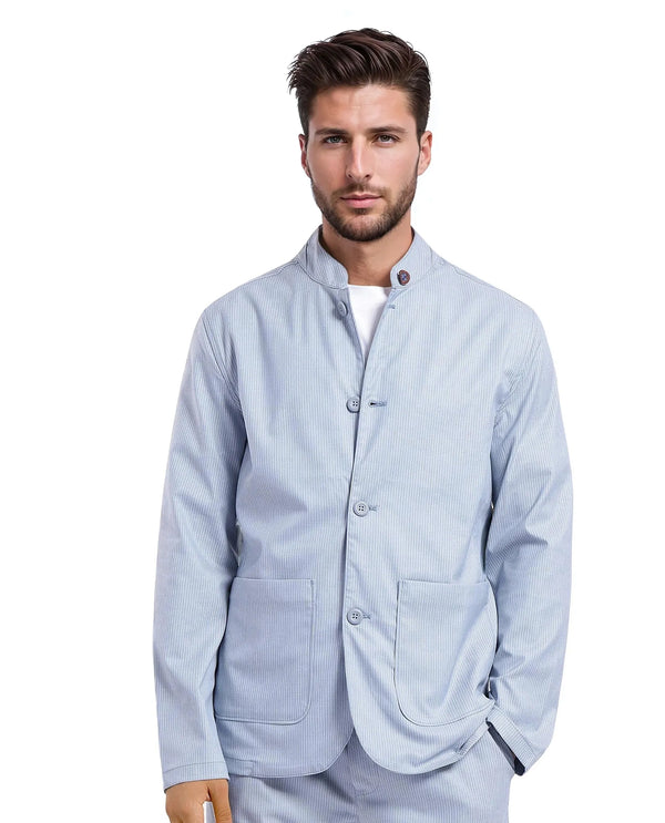Rare Rabbit Men Glewt Pastel Blue Polyester Viscose Fabric Full Sleeve Mandarin Collar Striped Jacket