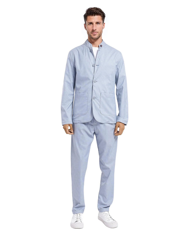 Rare Rabbit Men Glewt Pastel Blue Polyester Viscose Fabric Full Sleeve Mandarin Collar Striped Jacket