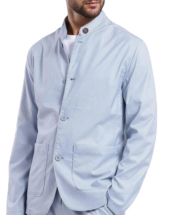 Rare Rabbit Men Glewt Pastel Blue Polyester Viscose Fabric Full Sleeve Mandarin Collar Striped Jacket