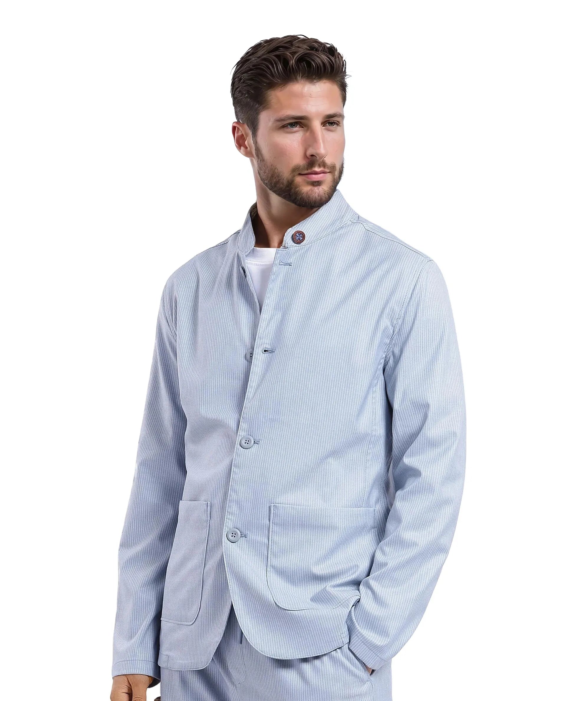 Rare Rabbit Men Glewt Pastel Blue Polyester Viscose Fabric Full Sleeve Mandarin Collar Striped Jacket