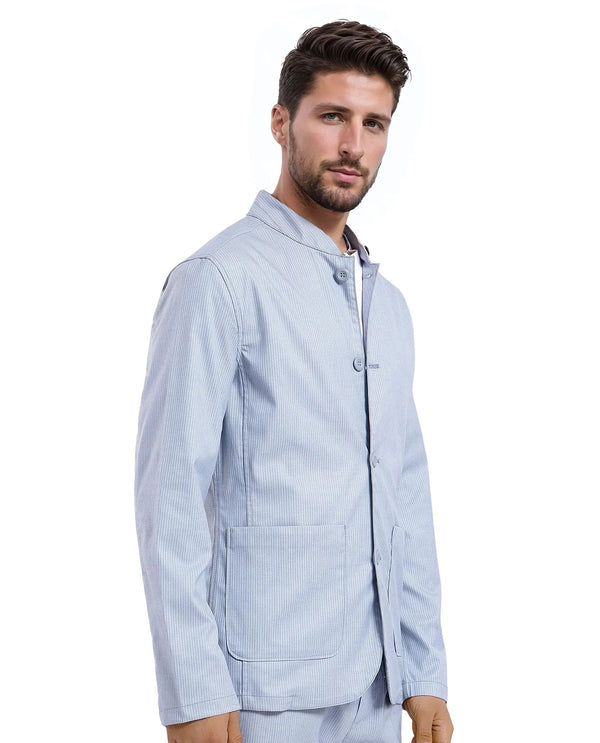 Rare Rabbit Men Glewt Pastel Blue Polyester Viscose Fabric Full Sleeve Mandarin Collar Striped Jacket