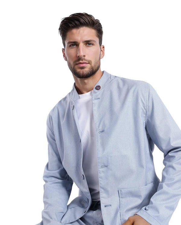 Rare Rabbit Men Glewt Pastel Blue Polyester Viscose Fabric Full Sleeve Mandarin Collar Striped Jacket