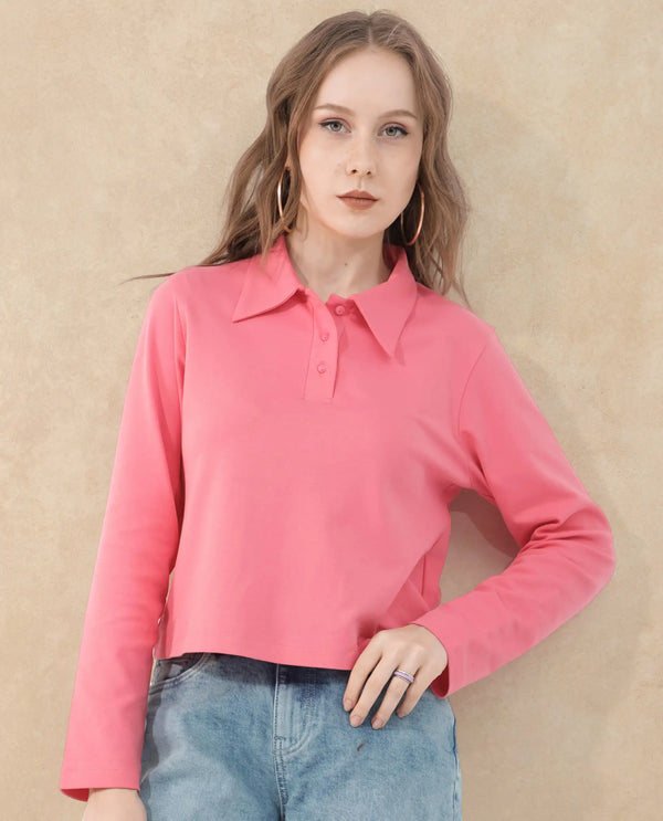 Rareism Women Gojo Peach Cotton Fabric Full Sleeve Collared Neck Button Closure Solid Regular Fit Top