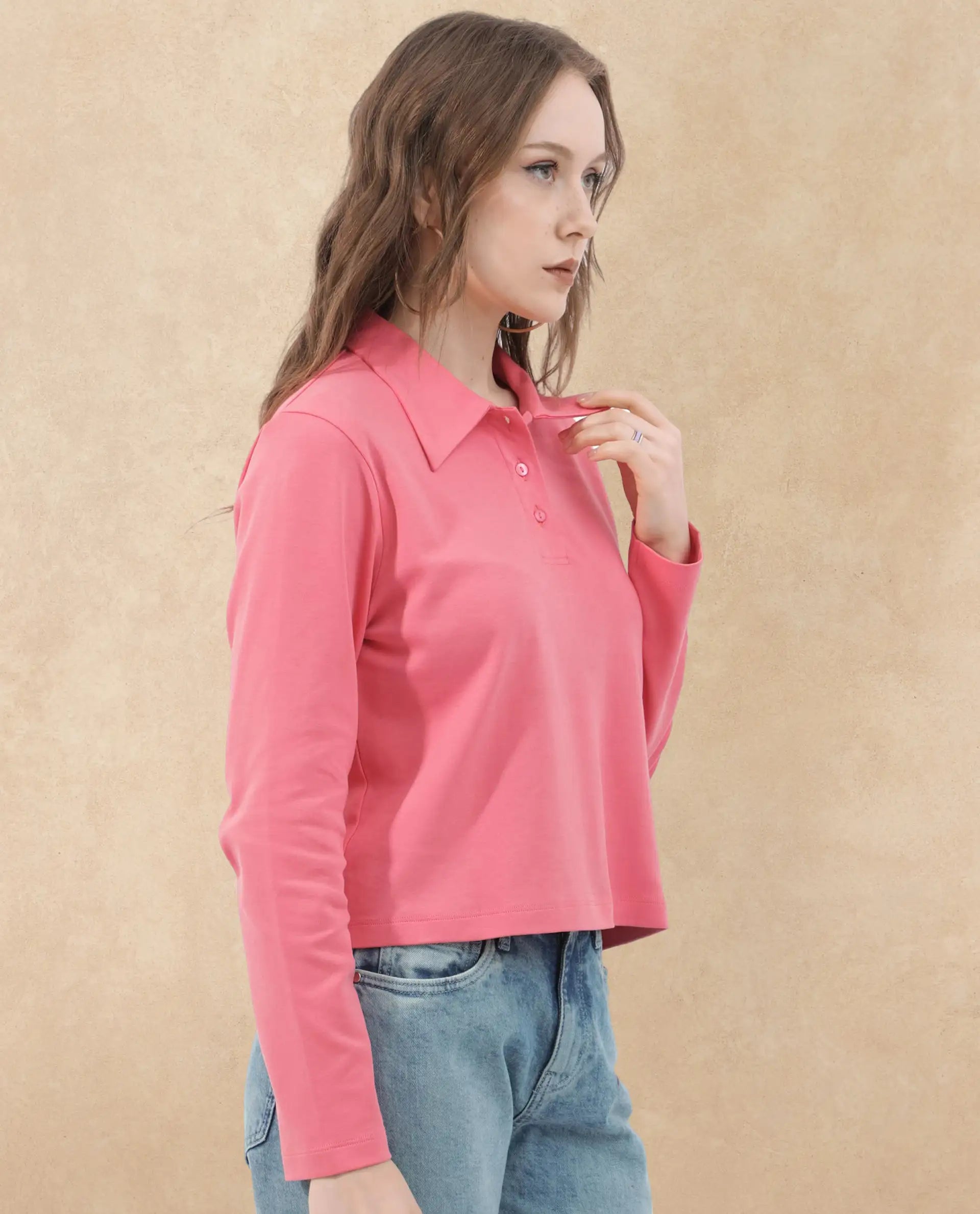 Rareism Women Gojo Peach Cotton Fabric Full Sleeve Collared Neck Button Closure Solid Regular Fit Top