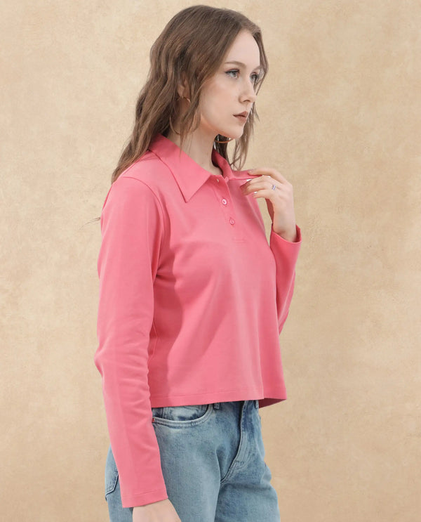 Rareism Women Gojo Peach Cotton Fabric Full Sleeve Collared Neck Button Closure Solid Regular Fit Top