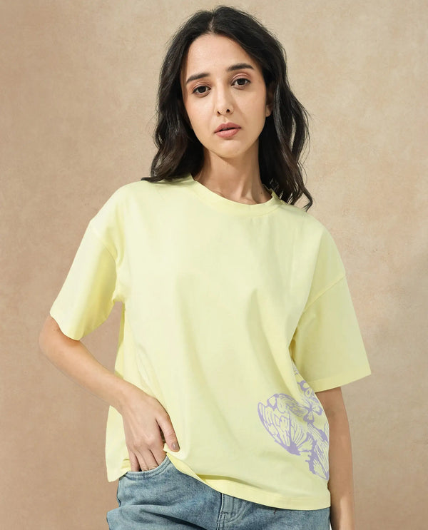 Rareism Women Grando Yellow Cotton Elastane Fabric Crew Neck Knit Solid T-Shirt