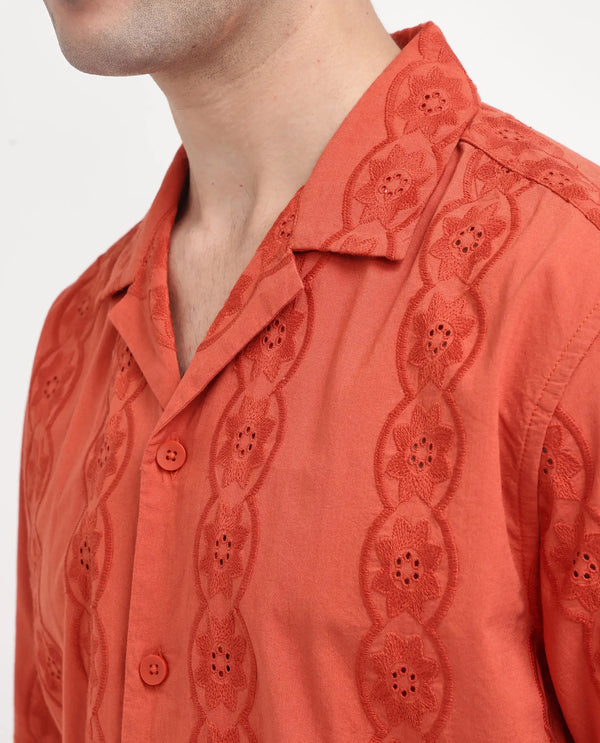 Rare Rabbit Men's Grin Orange Cotton Fabric Half Sleeve Cuban Collar Relaxed Fit Embroidered Shirt