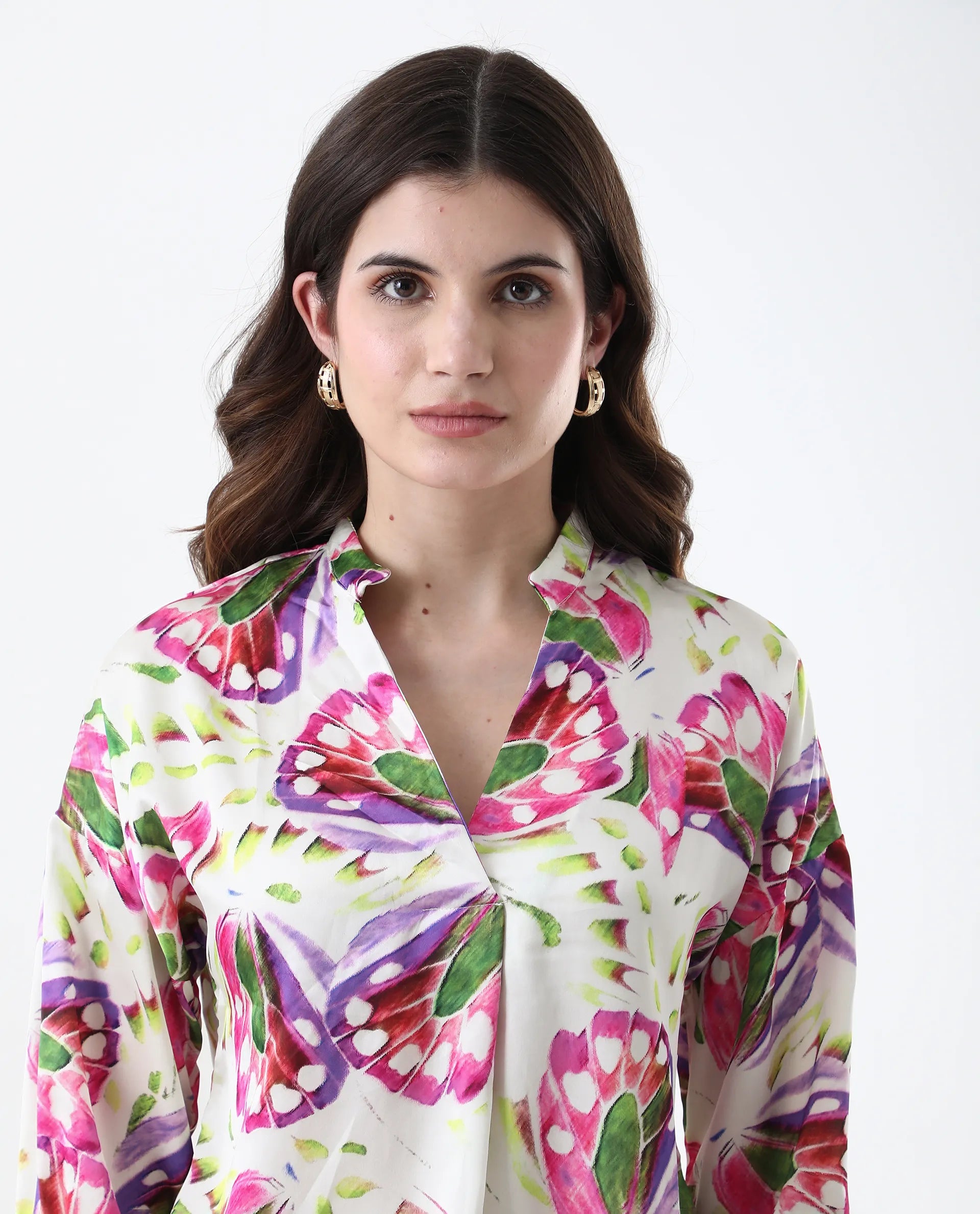 Rareism Women Gunay Multi Polyester Fabric Full Sleeve V-Neck Button Closure Abstract Print Regular Fit Top