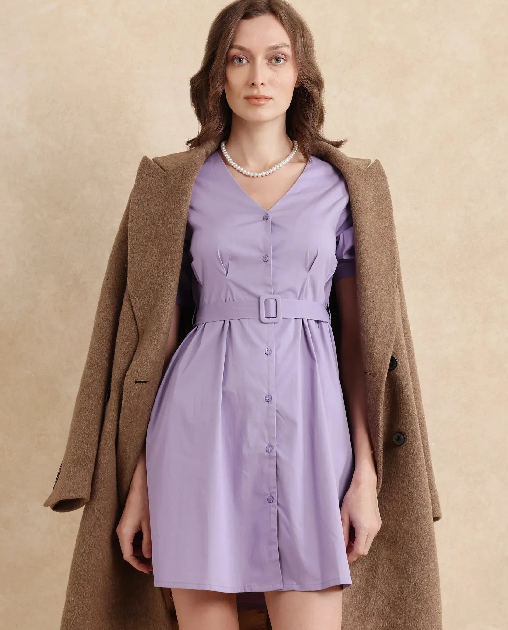 Rareism Women's Beew Dusky Purple  V-Neck Button Closure Bishop Sleeve Plain Fit And Flare Mini Dress