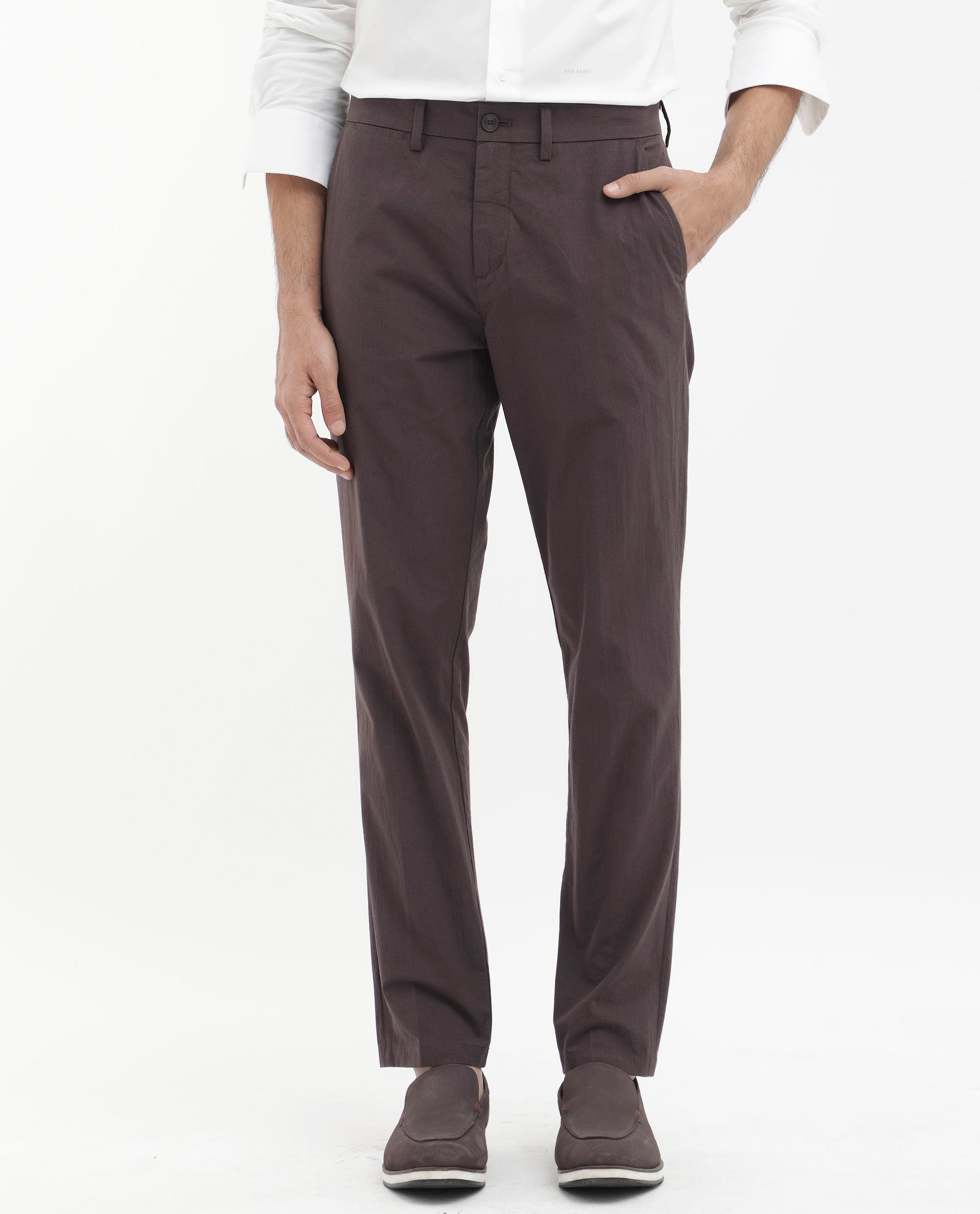 Rare Rabbit Mens Harlow Brown Cotton Fabric Regular Fit Mid Rise Seersucker Trousers