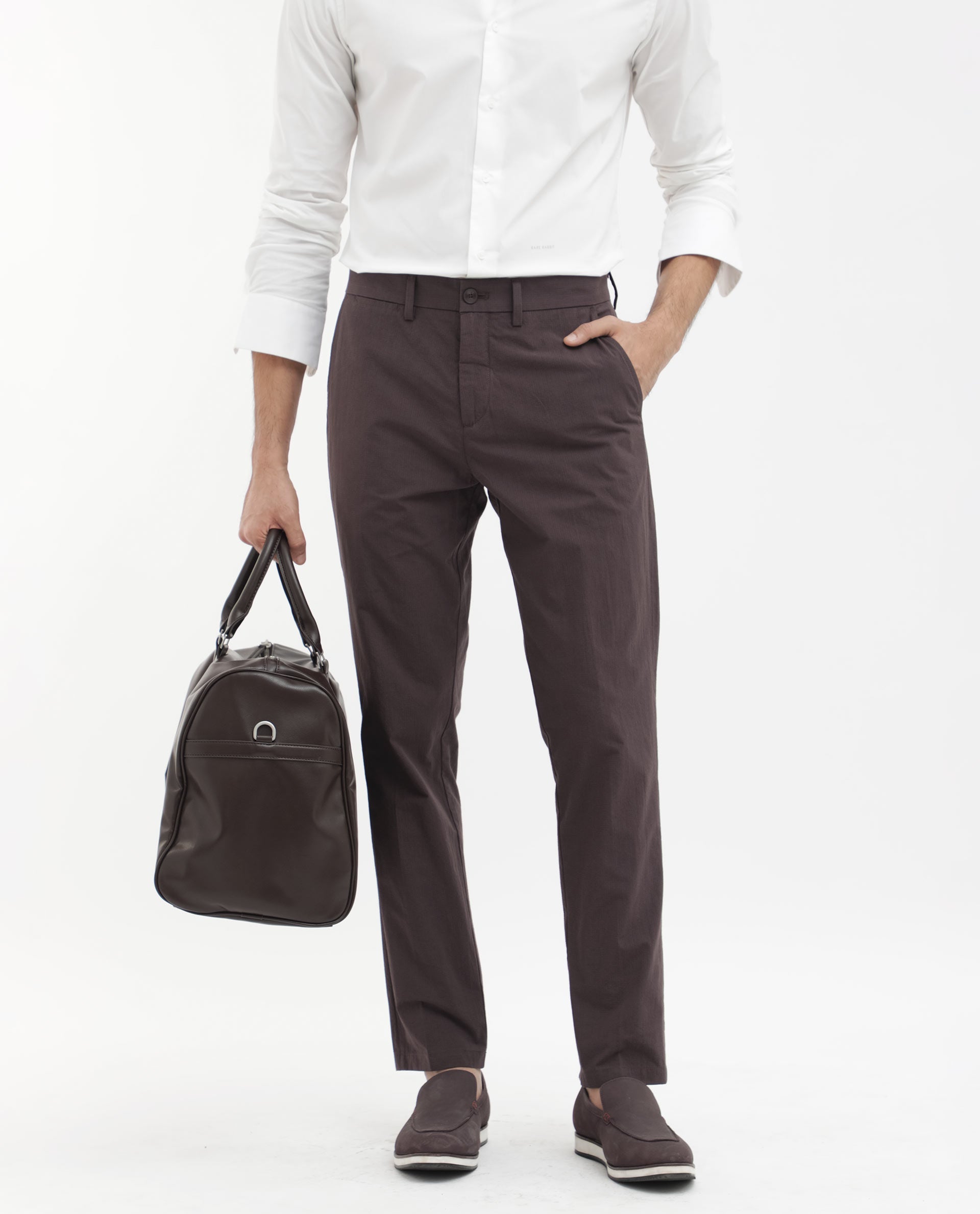 Rare Rabbit Mens Harlow Brown Cotton Fabric Regular Fit Mid Rise Seersucker Trousers