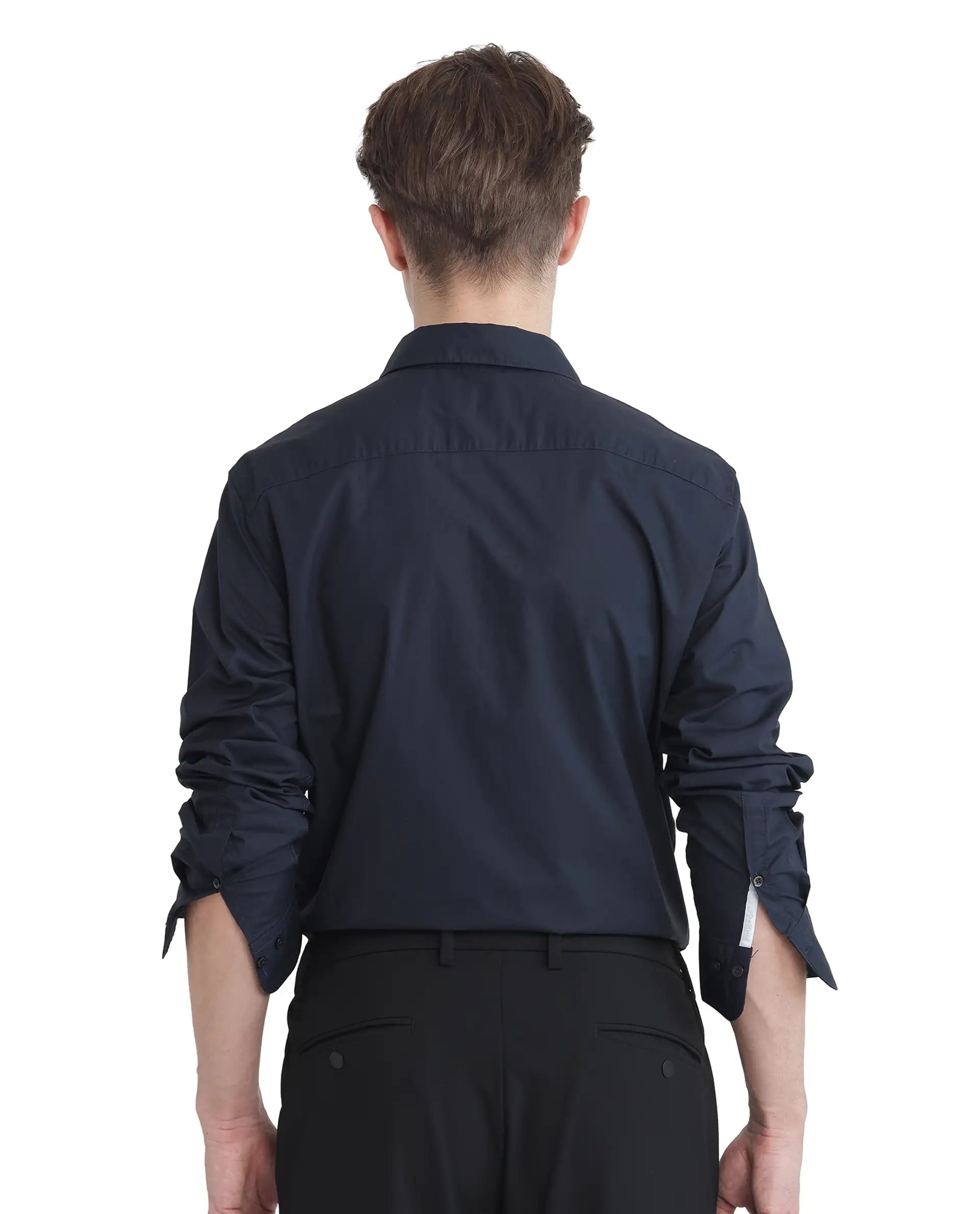 Rare Rabbit Men Harmin-25 Navy Cotton Fabric Short Sleeve Collared Neck Plain Shirt