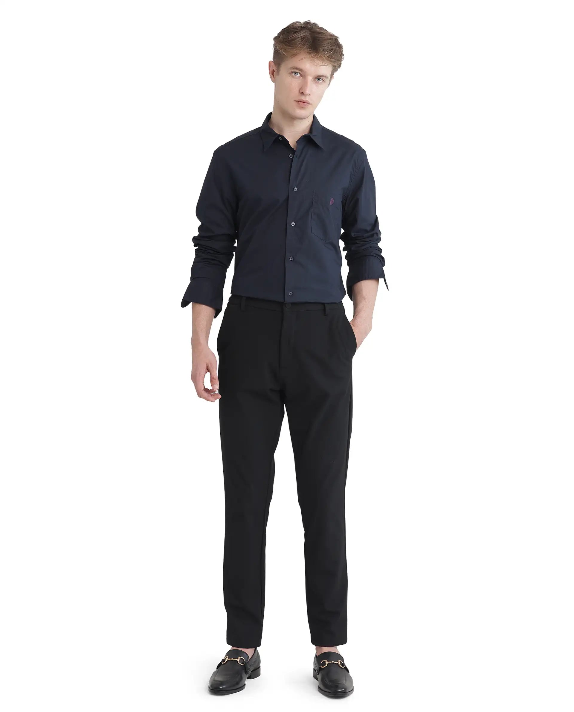 Rare Rabbit Men Harmin-25 Navy Cotton Fabric Short Sleeve Collared Neck Plain Shirt